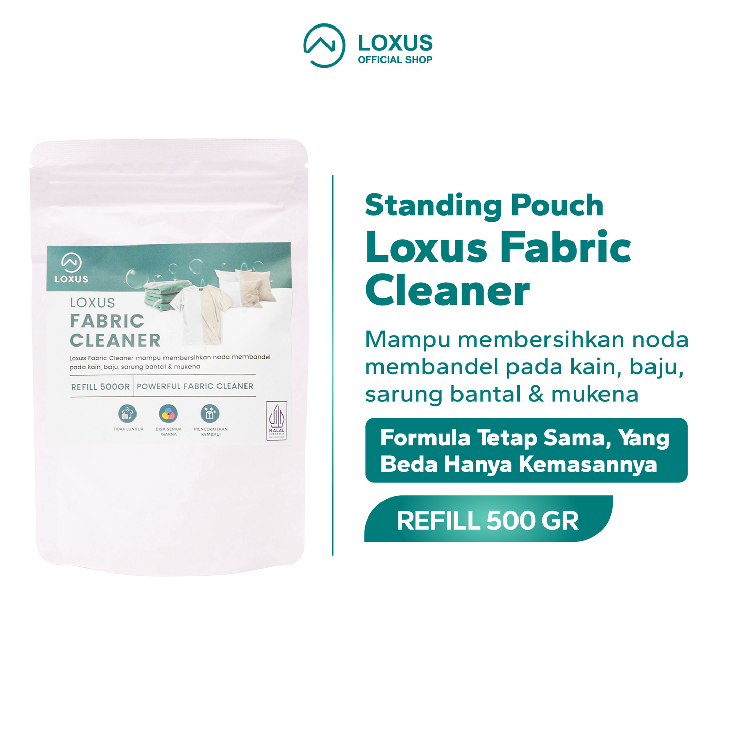 Loxus Fabric Cleaner Standing Pouch Pembersih Noda Jamur Baju Kain Sarung Bantal Mukena Mencerahkan Pakaian